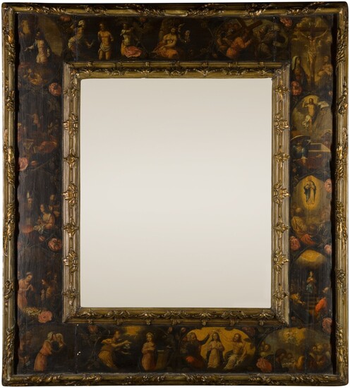 A mirror with a frame depicting scenes from the life of Christ and the life of the Virgin Mary, Italian School, early 17th Century