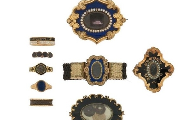A mixed group of antique mourning jewellery, including...
