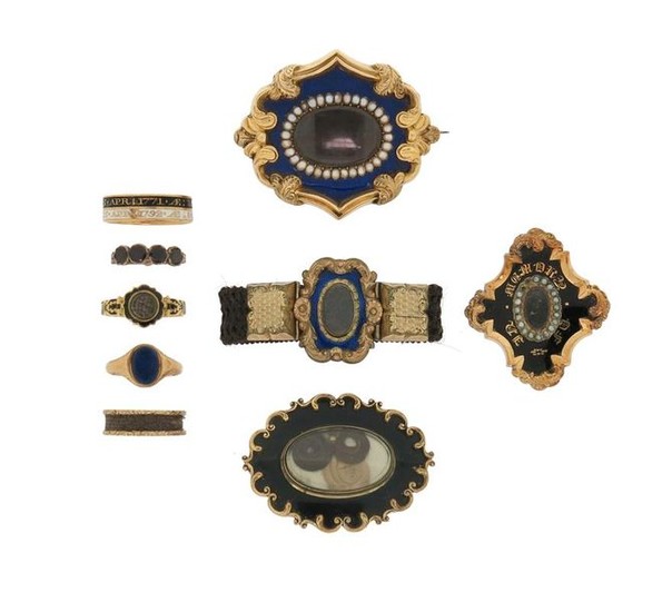 A mixed group of antique mourning jewellery, including...