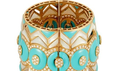 A mother-of-pearl, turquoise and diamond bangle bracelet