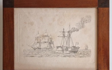 A paddle steamer and a sailing vessel. 1843. Unsigned. Etching. Framed (contemporary mahogany frame). Siuze og printing plate 13.2×20.2 cm. Frame size 22×28 cm.