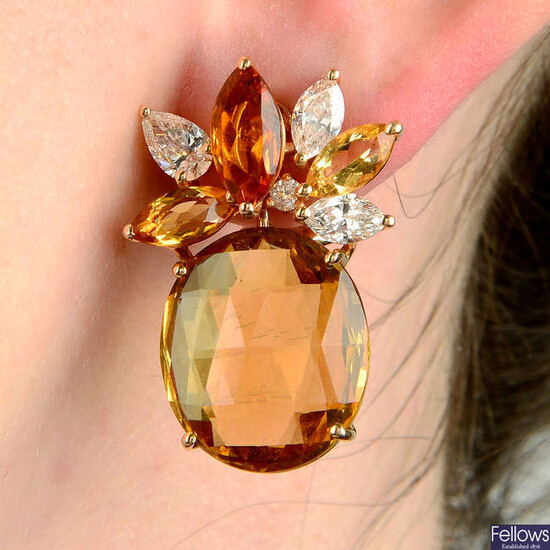 A pair of 18ct gold citrine and diamond earrings.