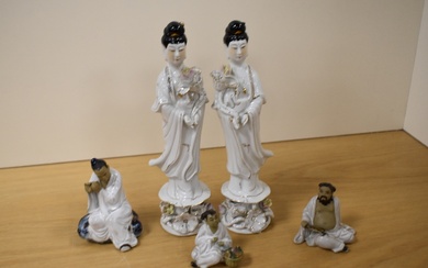 A pair of 20th Century Chinese porcelain geisha studies, measuring 26cm tall, and three Shiwan