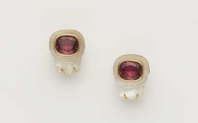 A pair of American 18k gold rock crystal and pink tourmaline clip earrings.