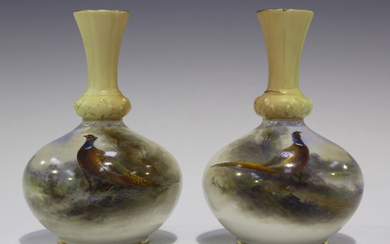 A pair of Royal Worcester porcelain vases, circa 1903 and 1907, painted by Jas. Stinton, signed, the