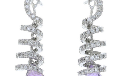 A pair of amethyst briolette and diamond drop earrings.