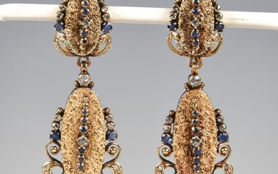 A pair of antique 18ct gold, sapphire and diamond drop earrings