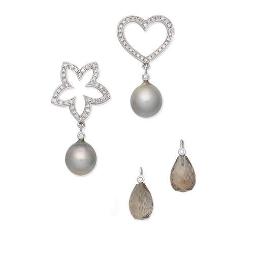 A pair of cultured pearl and diamond pendent earrings with interchangeable drops