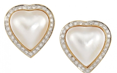 A pair of cultured pearl and diamond...
