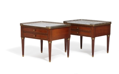 A pair of early 20th century Louis XVI style brass mounted mahogany side tables. H. 59. L. 72. W. 57 cm. (2)