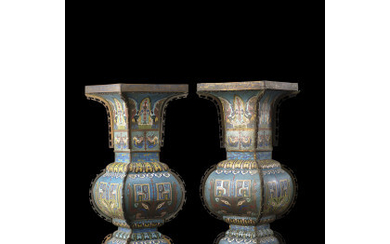 A pair of large cloisonné bronze vases of archaic form "Fang Gu", inscribed under the base and dated to the...
