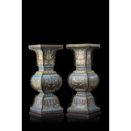 A pair of large cloisonné bronze vases of archaic form "Fang Gu", inscribed under the base and dated to the...