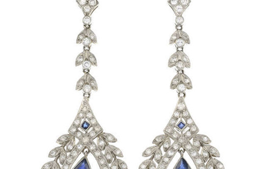 A pair of sapphire and vari-cut diamond drop earrings.