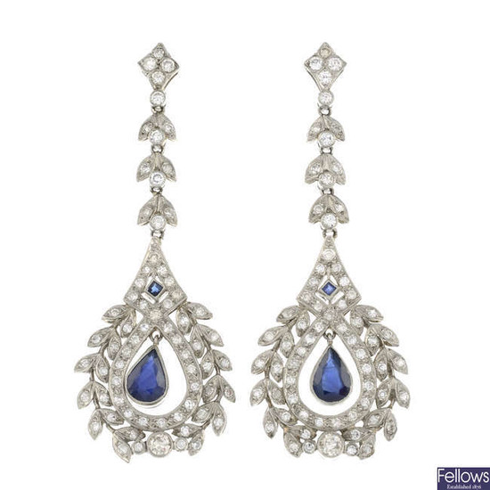 A pair of sapphire and vari-cut diamond drop earrings.