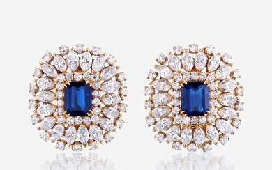 A pair of sapphire, diamond, and eighteen karat gold ear clips