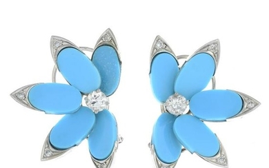 A pair of turquoise and diamond earrings.Estimated
