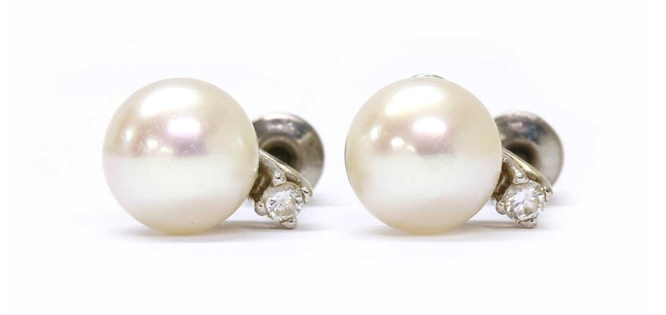A pair of white gold cultured pearl and diamond stud earrings
