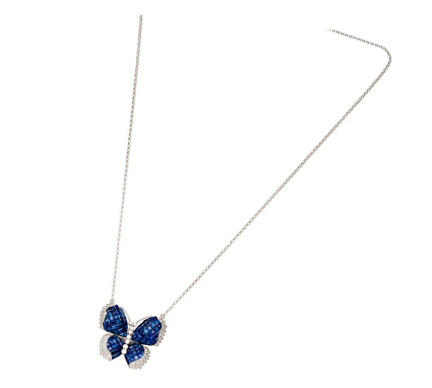 A sapphire and diamond butterfly pendant necklace