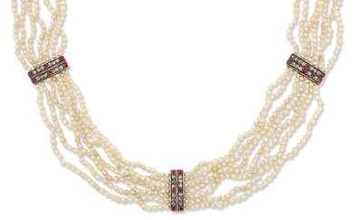 A seed pearl choker necklace, seven rows of seed pearls,...