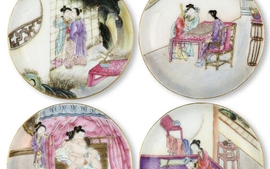 A set of four Chinese porcelain famille rose 'erotic' saucer dishes, Republic period, each painted with an amorous couple, underglaze blue four-character mark to base, Chun Yi Tang Zhi, 11cm diameter (4)