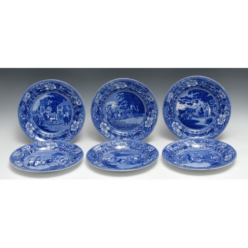 A set of six English pottery blue and white plates, each wit...