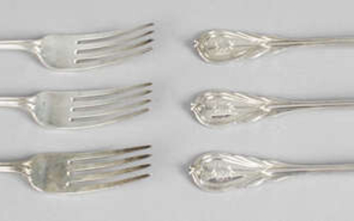 A set of six late Victorian silver Lily pattern table forks, plus four further Victorian examples. (10).