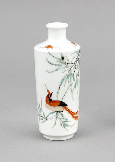 A small Chinese porcelain vase, Mid-20th c., of slight conical form, polychromed onglaze, the shoulder with 3 iron red bats, 4-character mark in iron red, h. 13.5 cm