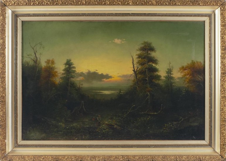 AMERICAN SCHOOL, 19th Century, Brilliant sunset over the wilderness,, Oil on canvas, 26" x 40". Framed 34" x 48".