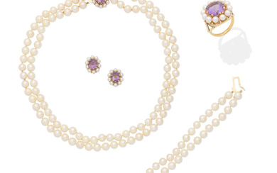 AMETHYST AND CULTURED PEARL NECKLACE, BRACELET, RING AND EARRING SUITE...