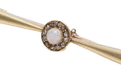 AN ANTIQUE 15CT GOLD OPAL AND DIAMOND BAR BROOCH; tapering bar centring a cluster of a cobochon crystal opal surrounded by 11 rose c...