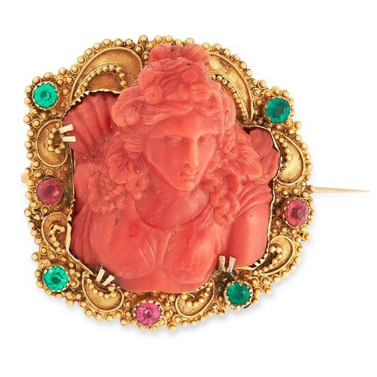 AN ANTIQUE CARVED CORAL AND GEMSET BROOCH, 18TH CENTURY