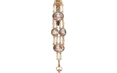 AN ANTIQUE SWISS ENAMEL AND DIAMOND CHATELAINE WATCH, 18TH CENTURY in yellow gold and silver, the