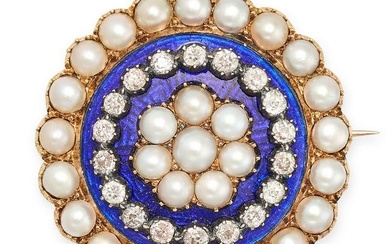 AN ANTIQUE VICTORIAN ENAMEL, PEARL AND DIAMOND BROOCH in yellow gold, set with a cluster of pearls