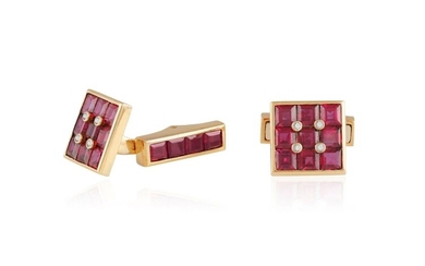 AN ELEGANT PAIR OF RUBY AND DIAMOND CUFFLINKS, BY CHAUMET,...