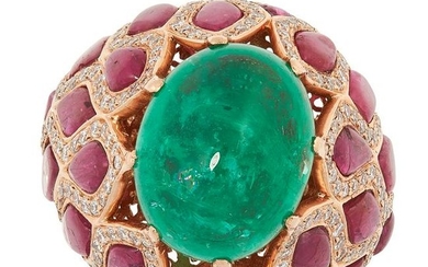 AN EMERALD, RUBY AND DIAMOND HARLEQUIN DRESS RING in