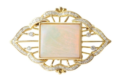 AN OPAL AND DIAMOND BROOCH IN 14CT GOLD, FEATURING A RECTANGULAR SOLID OPAL, DETAILED WITH DIAMONDS, 42X27MM, 9.3GMS