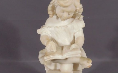 ANTIQUE HAND CARVED ITALIAN ALABASTER SCULPTURE OF YOUNG GIRL READING BOOK