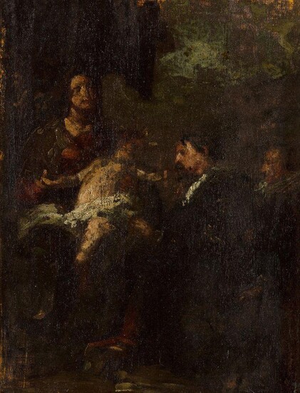 After Sir Anthony Van Dyck, Flemish 1599-1641- Virgin and Child with two donors; oil on panel, 18.3 x 14.3 cm. Note: After the original and much larger oil by Van Dyck, conceived in 1630, and today held in the Louvre, Paris [Inv.1231]. The identity...