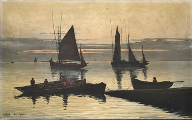 Alain GUENNOU, XXe. Barques de pêcheurs au crépuscule. Huile sur toile signée en bas à...