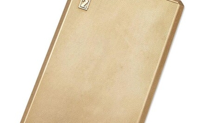 Alfed Dunhill, 9ct gold cigarette case by Alfred Dunhill, 1956 the rectangular engine-turned case with applied initials, the interior with engraved inscription. London hallmarks, 1956, length 16cm width 8.5cm, gross weight 220g, maker's fitted case