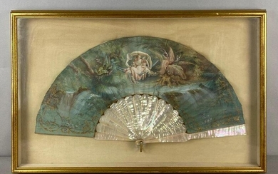 Amazing Antique Mother of Pearl Hand Painted Framed Fan