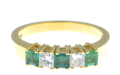 An 18ct gold diamond and emerald five-stone ring.