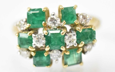 An 18ct yellow gold diamond and emerald cluster ring set...