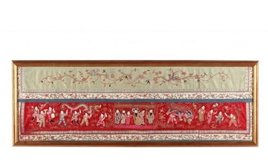 An Antique Chinese Red Silk Embroidery with Dragon Dance
