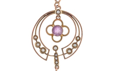 An Edwardian 9ct rose gold amethyst and pearl openwork penda...