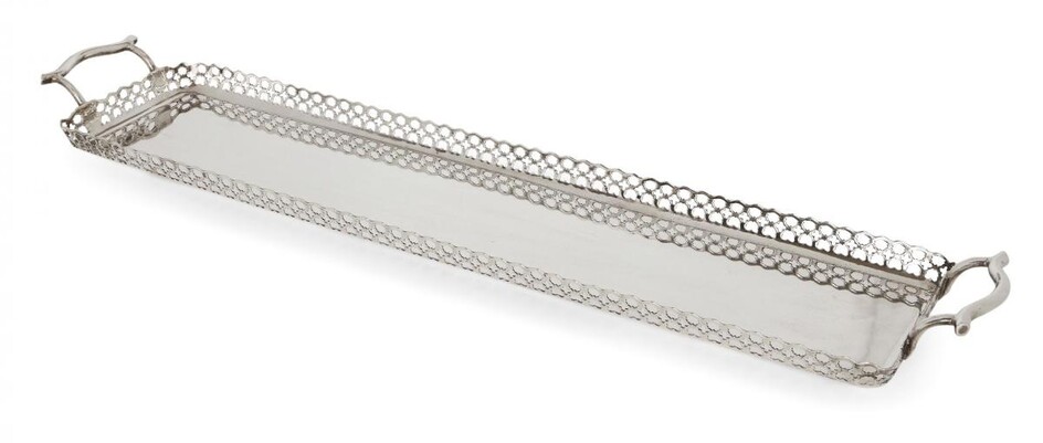 An Edwardian silver sandwich tray, Sheffield, c.1904, James Dixon & Sons Ltd., of elongated rectangular form with pierced sides and shaped handles, 60.3cm long, 13cm wide, approx. weight 29.4oz
