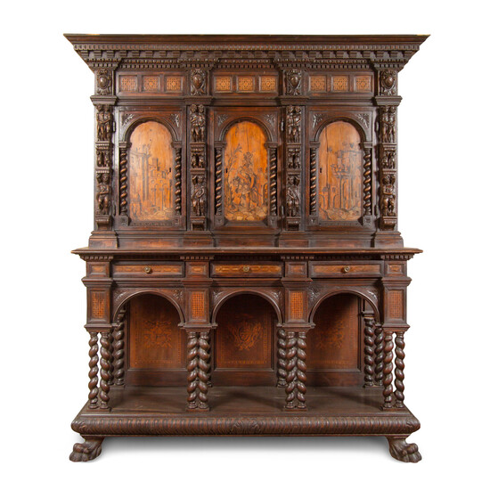 An Italian Baroque Style Carved Walnut and Marquetry Cabinet on Stand
