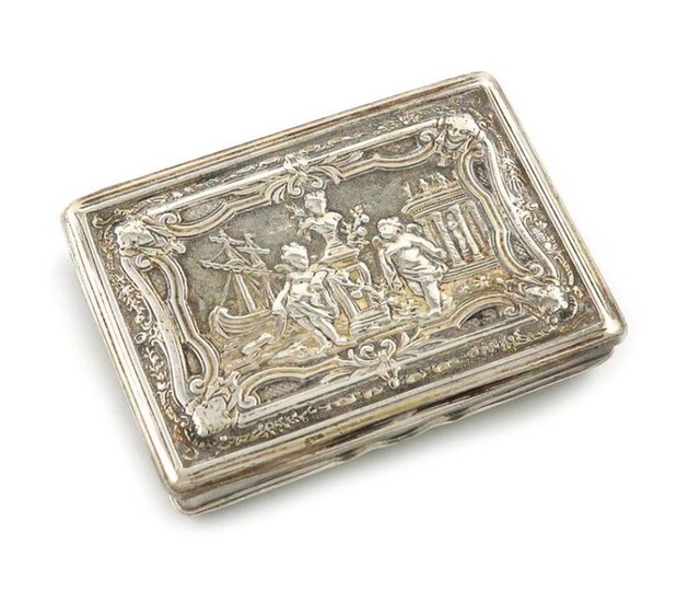 An early 19th century Austro-Hungarian parcel-gilt silver snuff box, circa 1810, rectangular form, the cover with putti in a classical landscape, the base with birds, length 8cm, approx. weight 3.6oz.