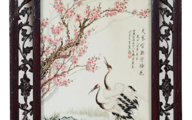 An enamelled 'crane' ceramic plaque