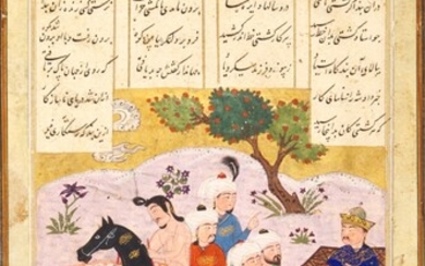 An illustrated and illuminated leaf from a manuscript of Nizami's Kheradnameh: Alexander on his voyage to India, Persia, Shiraz, Timurid, 15th century